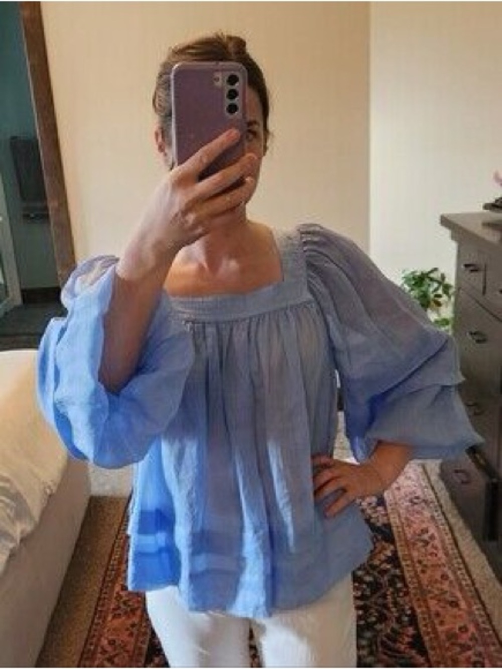 Banana Republic Light Blue Square-Neck Peasant Blouse
